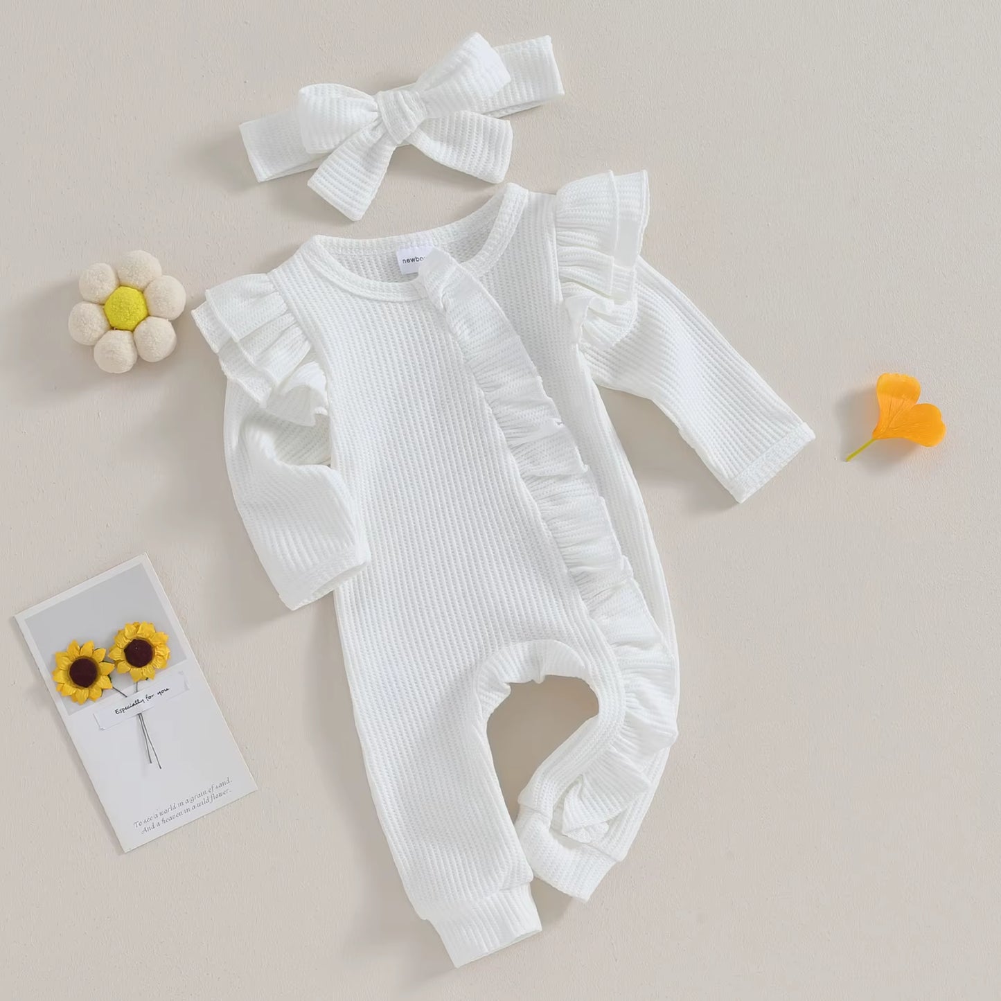 Infant Baby Girl Autumn Jumpsuit Solid Color round Neck Flying Sleeve Ruffled Zipper Romper with Bow Headband 0-12M