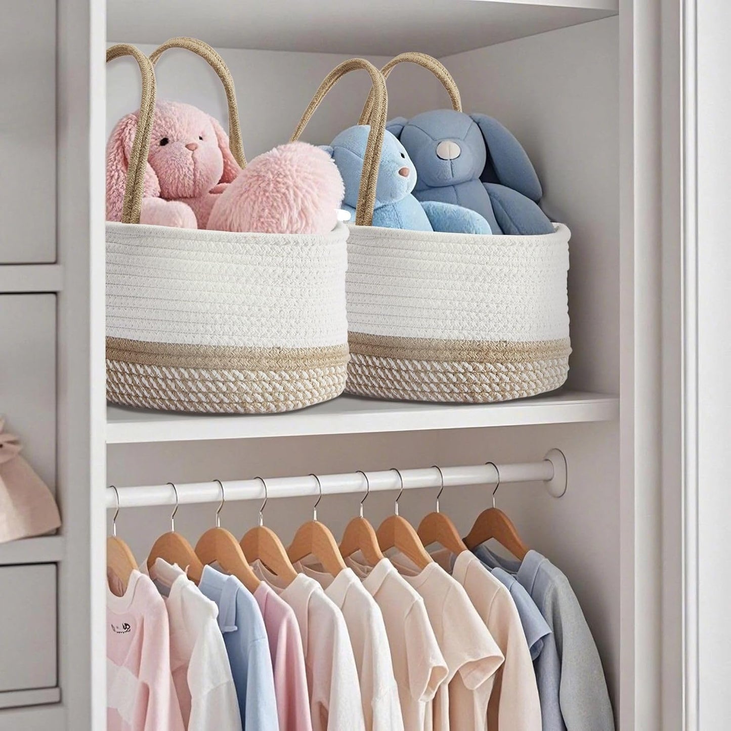 Diaper Caddy Organizer, Cotton Woven Baby Basket with Removable Divider (Spiral Beige & White, Large)