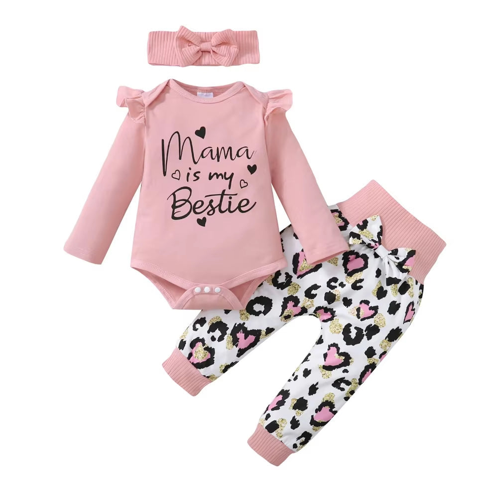 3PCS Newborn Baby Girl Daily Clothes Set Mama Print Long Sleeve Romper