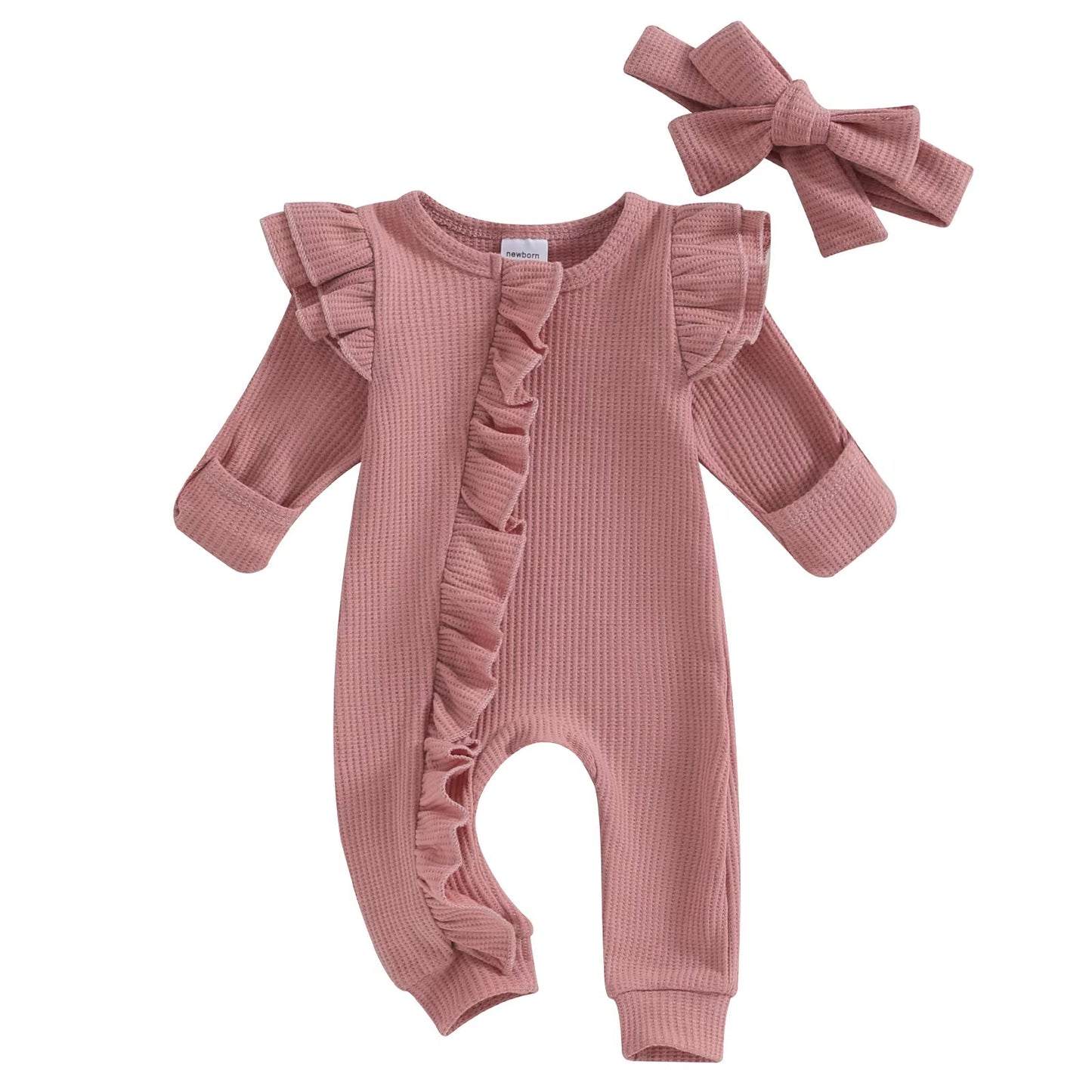 Infant Baby Girl Jumpsuit Solid Color Round Neck Flying Sleeve Ruffled Zipper Romper with Bow Headband 0-12M