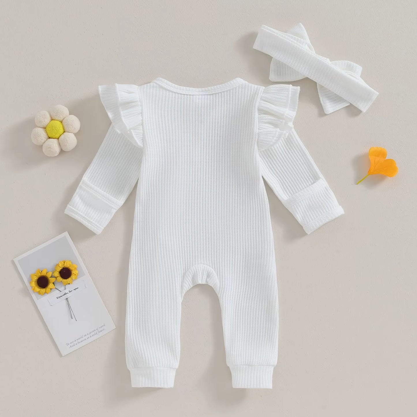 Infant Baby Girl Autumn Jumpsuit Solid Color round Neck Flying Sleeve Ruffled Zipper Romper with Bow Headband 0-12M