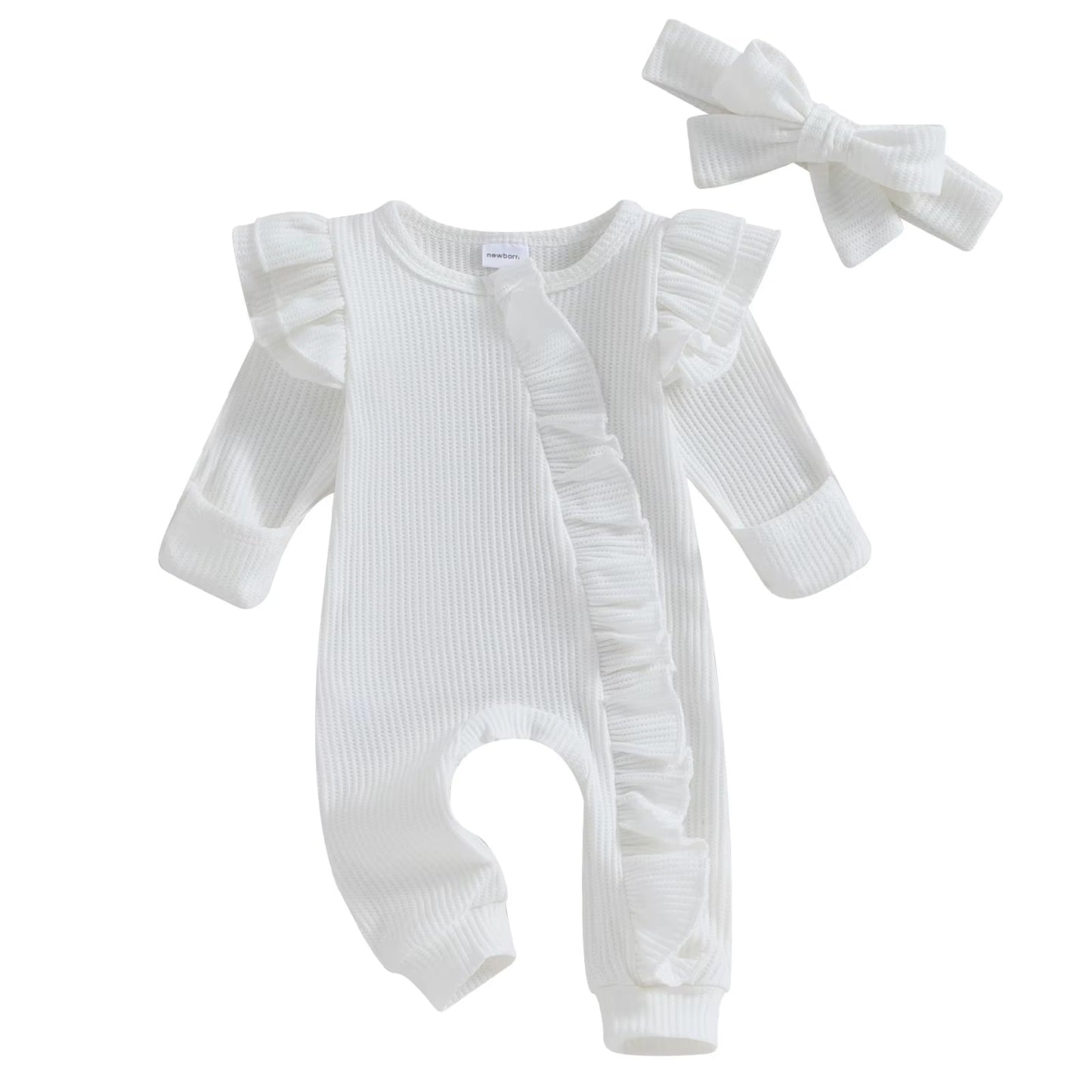 Infant Baby Girl Jumpsuit Solid Color Round Neck Flying Sleeve Ruffled Zipper Romper with Bow Headband 0-12M