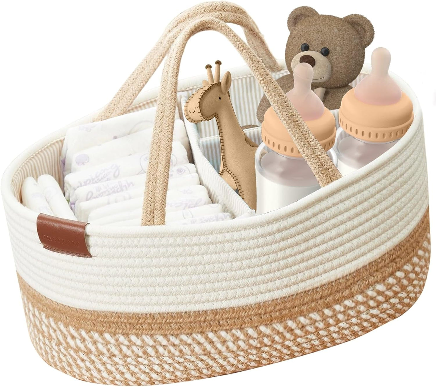 Diaper Caddy Organizer, Cotton Woven Baby Basket with Removable Divider (Spiral Beige & White, Large)
