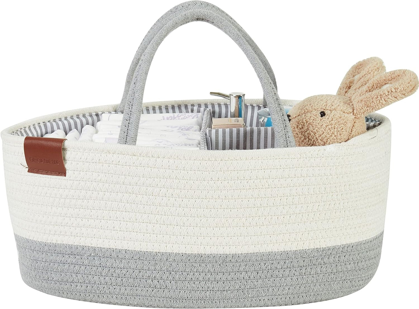 Diaper Caddy Organizer, Cotton Woven Baby Basket with Removable Divider (Spiral Beige & White, Large)