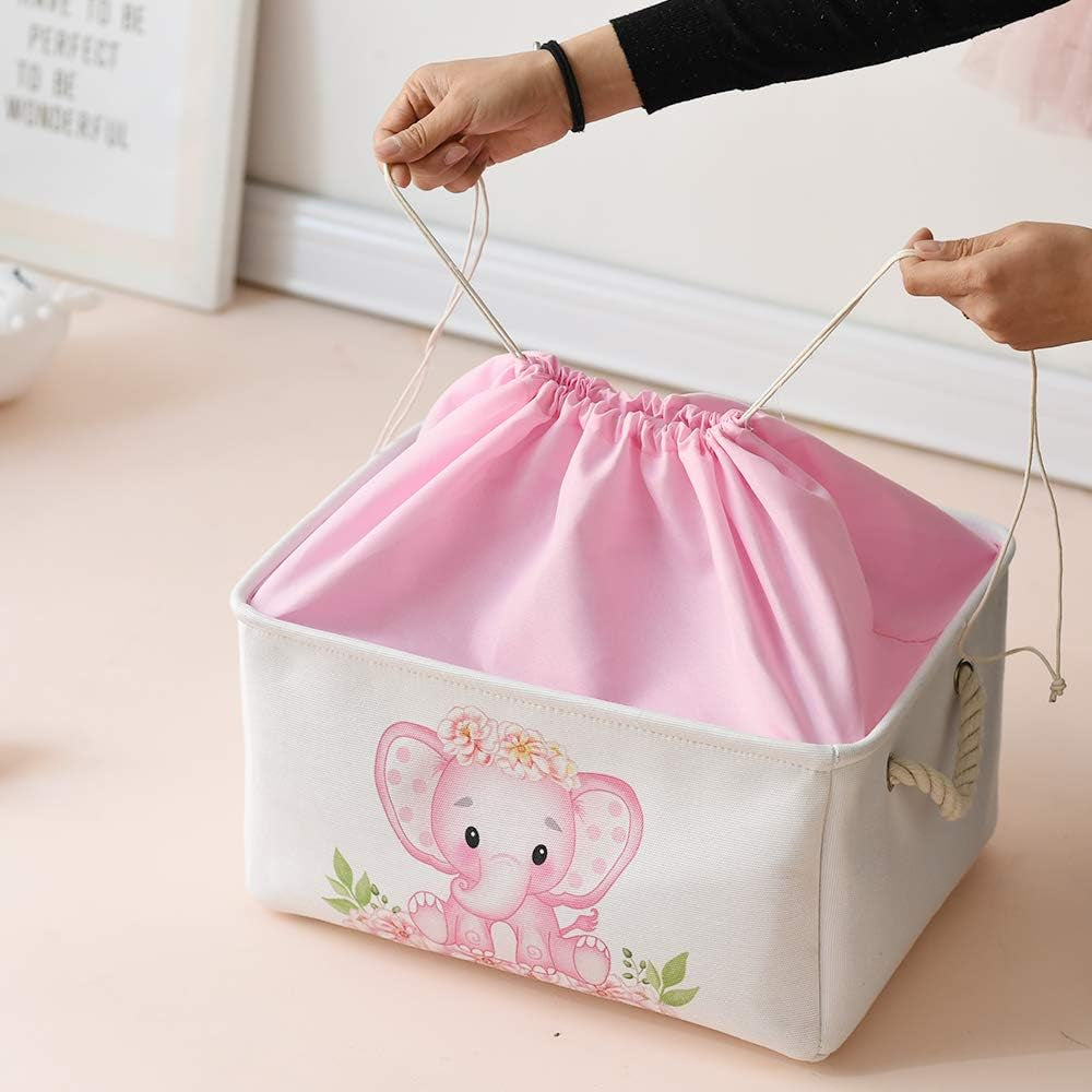 Baby Girl Gifts Pink Basket, Elephant Storage Bins for Kids, Large Baby Gift Baskets Empty, Collapsible Dormitory Storage Basket for Books Clothes,Fabric Toy Basket for Kids/Nursery Room