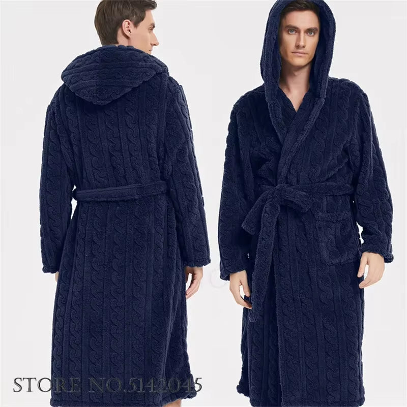 Warm Sleepwear Thicken Jacquard Flannel Men Robe Plush Coral Fleece Hooded Bathrobe Gown Winter Lounge Wear Home Wear Nightwear