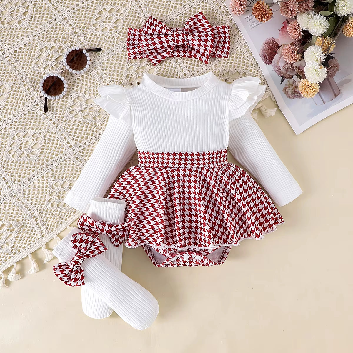 2PCS in Autumn, Baby Girls Aged 0-1 Years Old Have Comfortable Sweet and Cute Black Top + Houndstooth Skirt + Hair Band