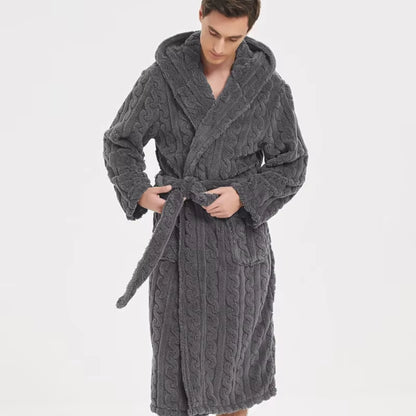 Warm Sleepwear Thicken Jacquard Flannel Men Robe Plush Coral Fleece Hooded Bathrobe Gown Winter Lounge Wear Home Wear Nightwear