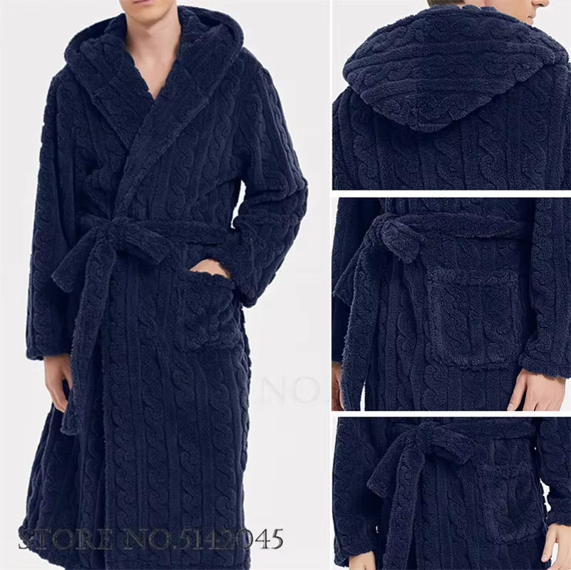 Warm Sleepwear Thicken Jacquard Flannel Men Robe Plush Coral Fleece Hooded Bathrobe Gown Winter Lounge Wear Home Wear Nightwear