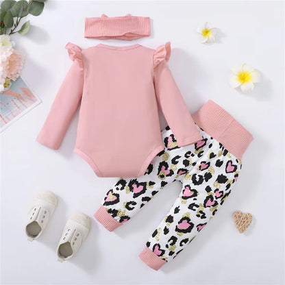 3PCS Newborn Baby Girl Daily Clothes Set Mama Print Long Sleeve Romper Top+Love Heart Print Pant+Headband Lovely Autumn Outfit