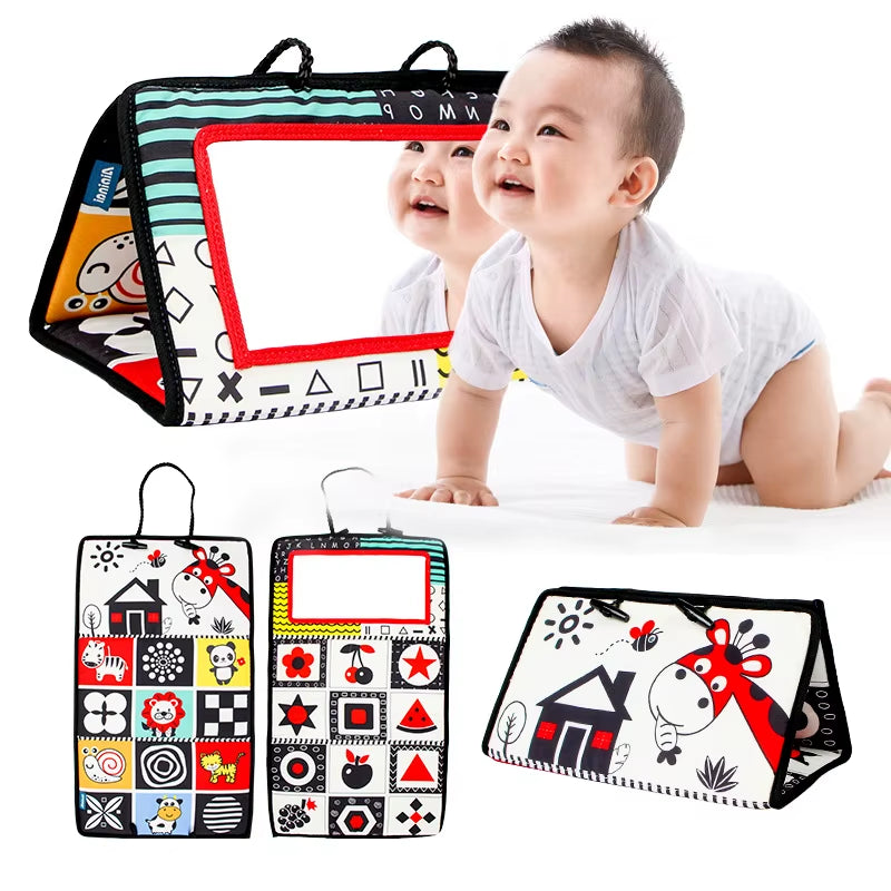 Crinkle Cloth Book Visual Stimulation Newborn Toys 0-3 Months Brain Development Tummy Time Mirror Toy for Infants Sensory Babies