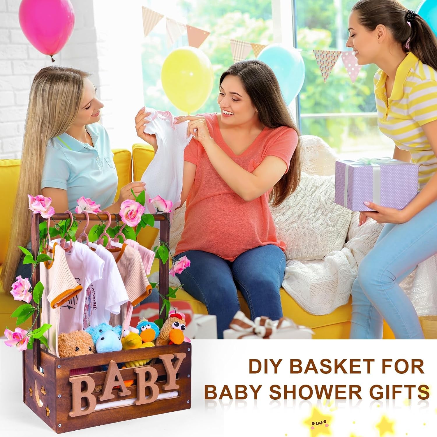 Wooden Baby Shower Crate Closet, Gifts Basket for Baby Shower Gifts, Baby Storage Crate Hamper with Handle, Welcome Gift Basket for Newborn Boys Girls, Pregnancy Gifts for New Parents (Retro-Large)