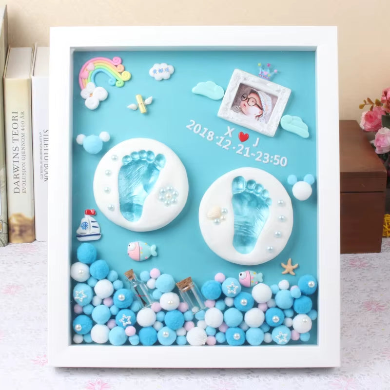 3D DIY Baby Hand Print and Footprint Soft Clay Photo Frame for Newborn Milestone Cards Infant Hand Casting Kit Baby Souvenir Set