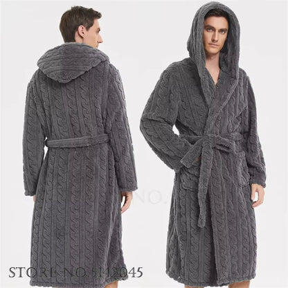 Warm Sleepwear Thicken Jacquard Flannel Men Robe Plush Coral Fleece Hooded Bathrobe Gown Winter Lounge Wear Home Wear Nightwear