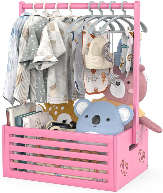 Baby Shower Crate Closet, Shower Party Basket with Handle Storage Crate Hamper, Bamboo Gift Crate Box, Welcome Gift Basket for Newborn Boys Girls, Pregnancy Gifts for New Parents (Pink)