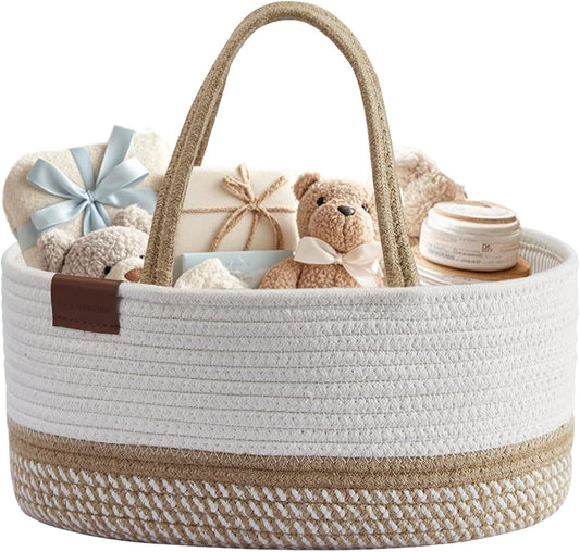 Diaper Caddy Organizer, Cotton Woven Baby Basket with Removable Divider (Spiral Beige & White, Large)