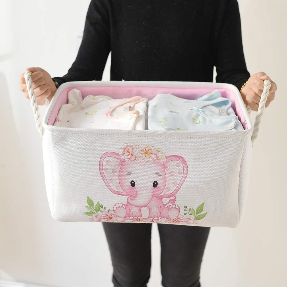 Baby Girl Gifts Pink Basket, Elephant Storage Bins for Kids, Large Baby Gift Baskets Empty, Collapsible Dormitory Storage Basket for Books Clothes,Fabric Toy Basket for Kids/Nursery Room