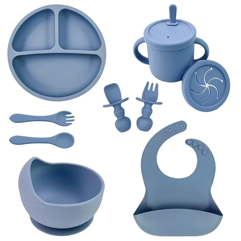 BPA Free Silicone Baby Feeding Set Sucker Bowl Dinning Plate Straw Cup Spoon Forks for Kids Baby Tableware Children Dishes