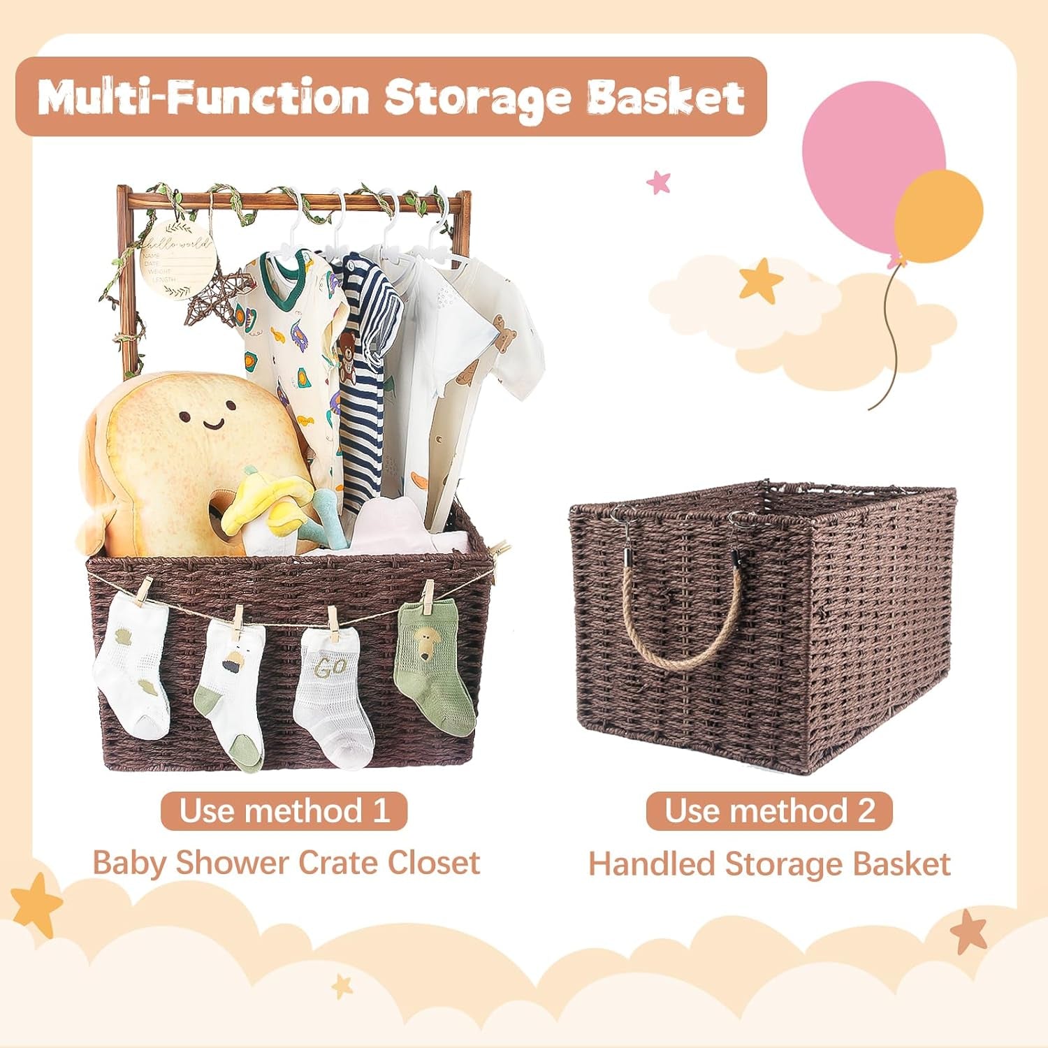 Wooden Baby Shower Crate Closet, Foldable Handwoven Storage Basket with Handle for Shower Gifts