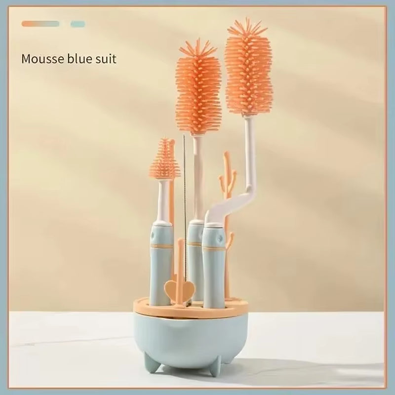 4Pcs Silicone Bottle Brush for Babies 3 Color Long Handle Cleaning Brush Set 360 Degree Rotating Cleaning Bottle Brush Set