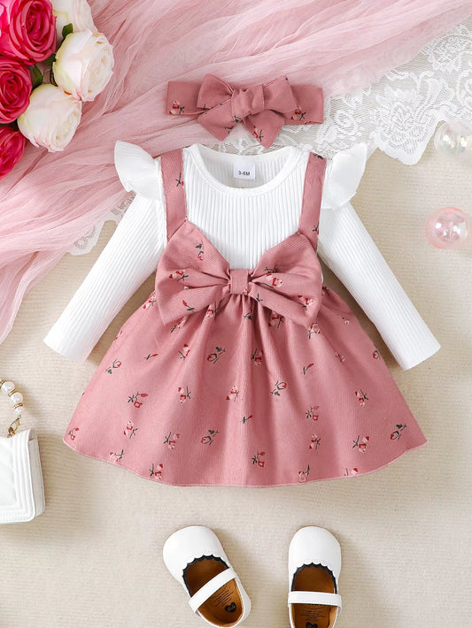 2Pc/Set Childrens' Baby Girl Dress Color Blocking Broken Flowers Big Bow Princess Dress+Headband 0-24 Months Baby Fashion Dress