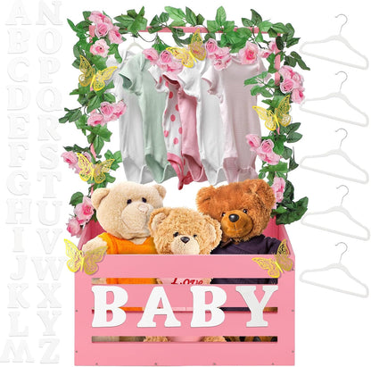 Wooden Baby Shower Crate Closet Baby Basket with Handle Garland Baby Hangers and Butterfly Stickers Baby Shower Decor Wooden Crate Baby Letters Self Adhesive on Basket for Pregnancy New Parent