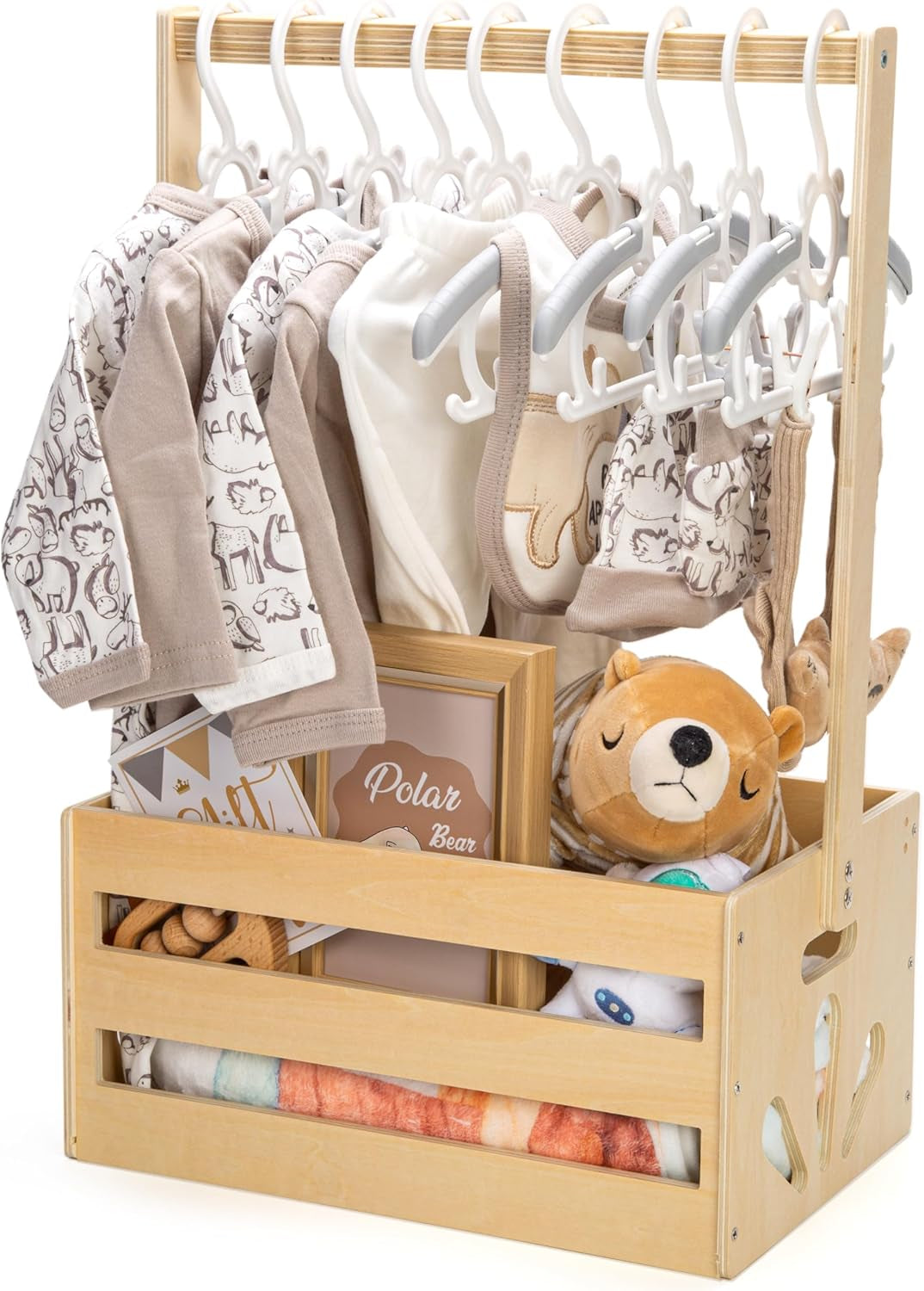 White Wooden Baby Shower Crate Closet, Baby Storage Crate with Handle, Basket for Baby Shower Gifts, Welcome Gift Basket for Newborn Boys Girls, Pregnancy Gifts for New Parents