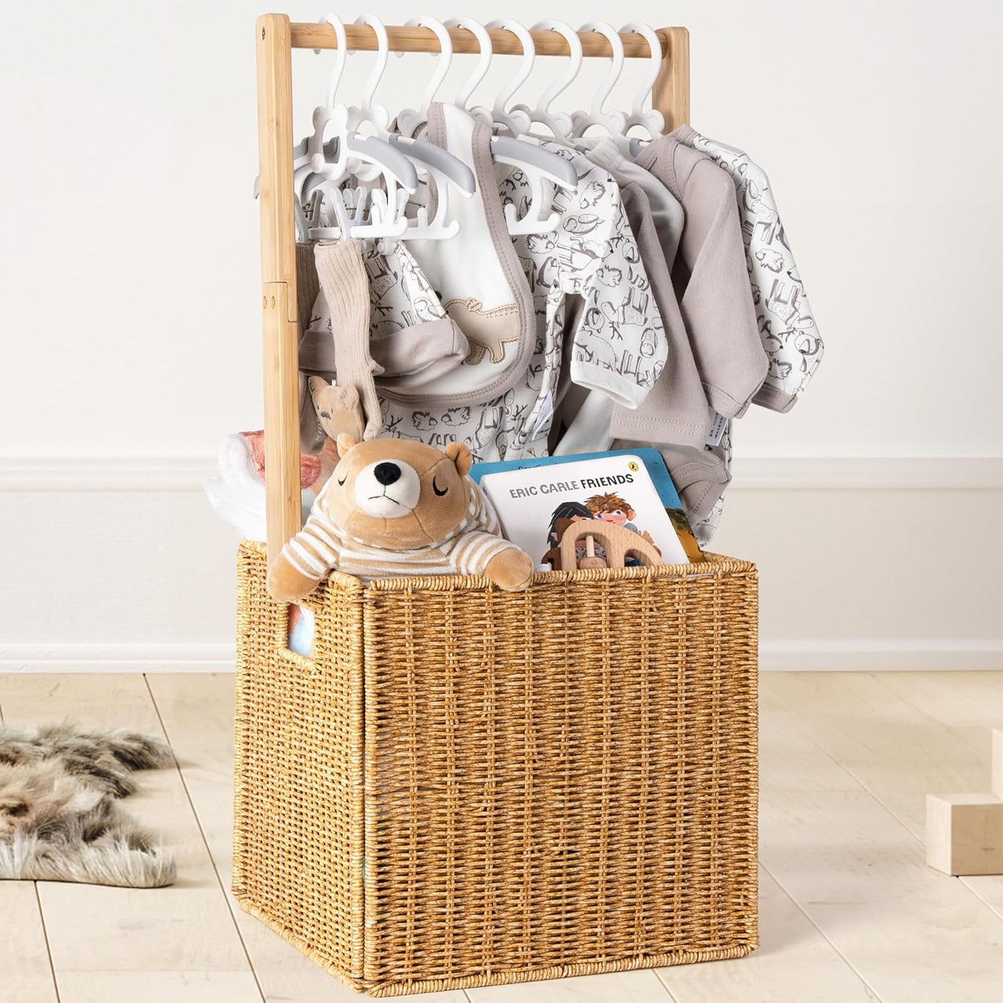 White Wooden Baby Shower Crate Closet, Baby Storage Crate with Handle, Basket for Baby Shower Gifts, Welcome Gift Basket for Newborn Boys Girls, Pregnancy Gifts for New Parents