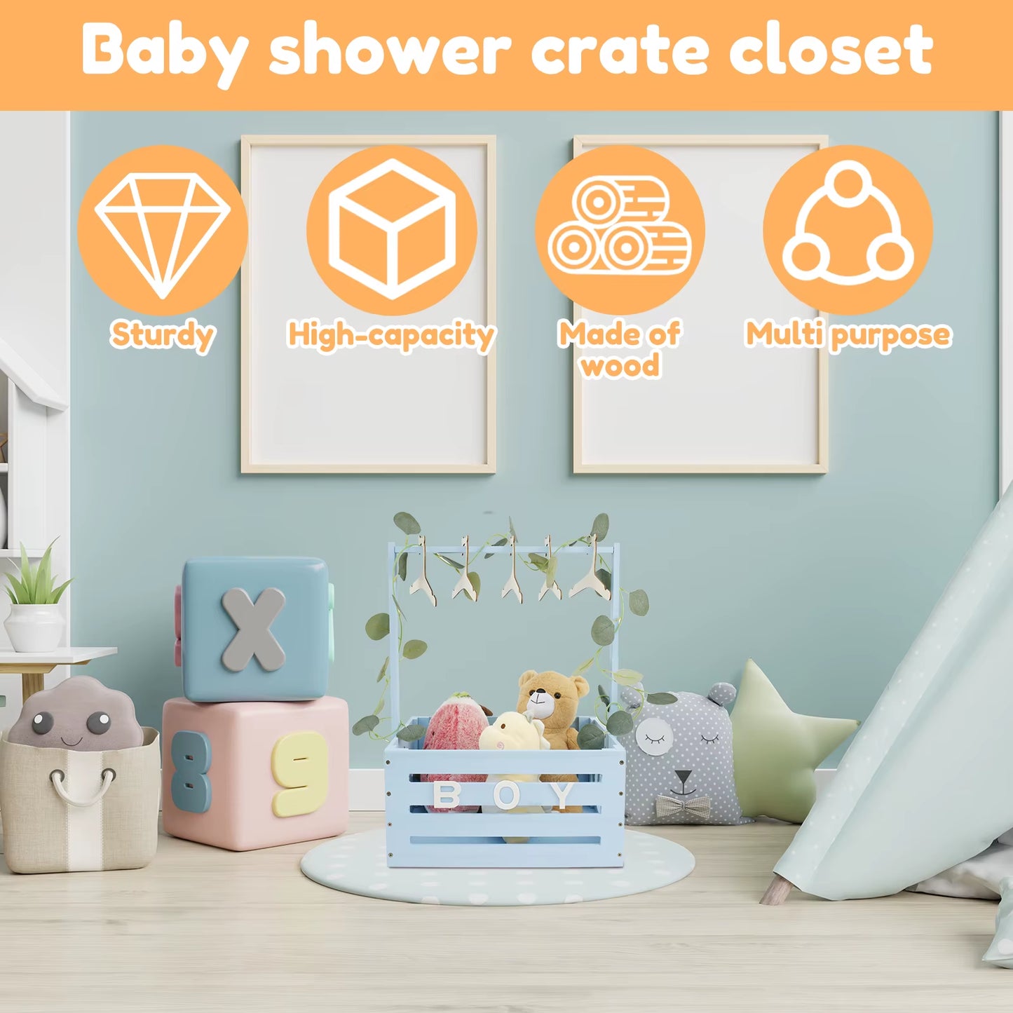 Wood Baby Shower Crate Closet Large Capacity Baby Shower Basket with Handle Decorative Baby Storage Crate for Newborn Boys Girls