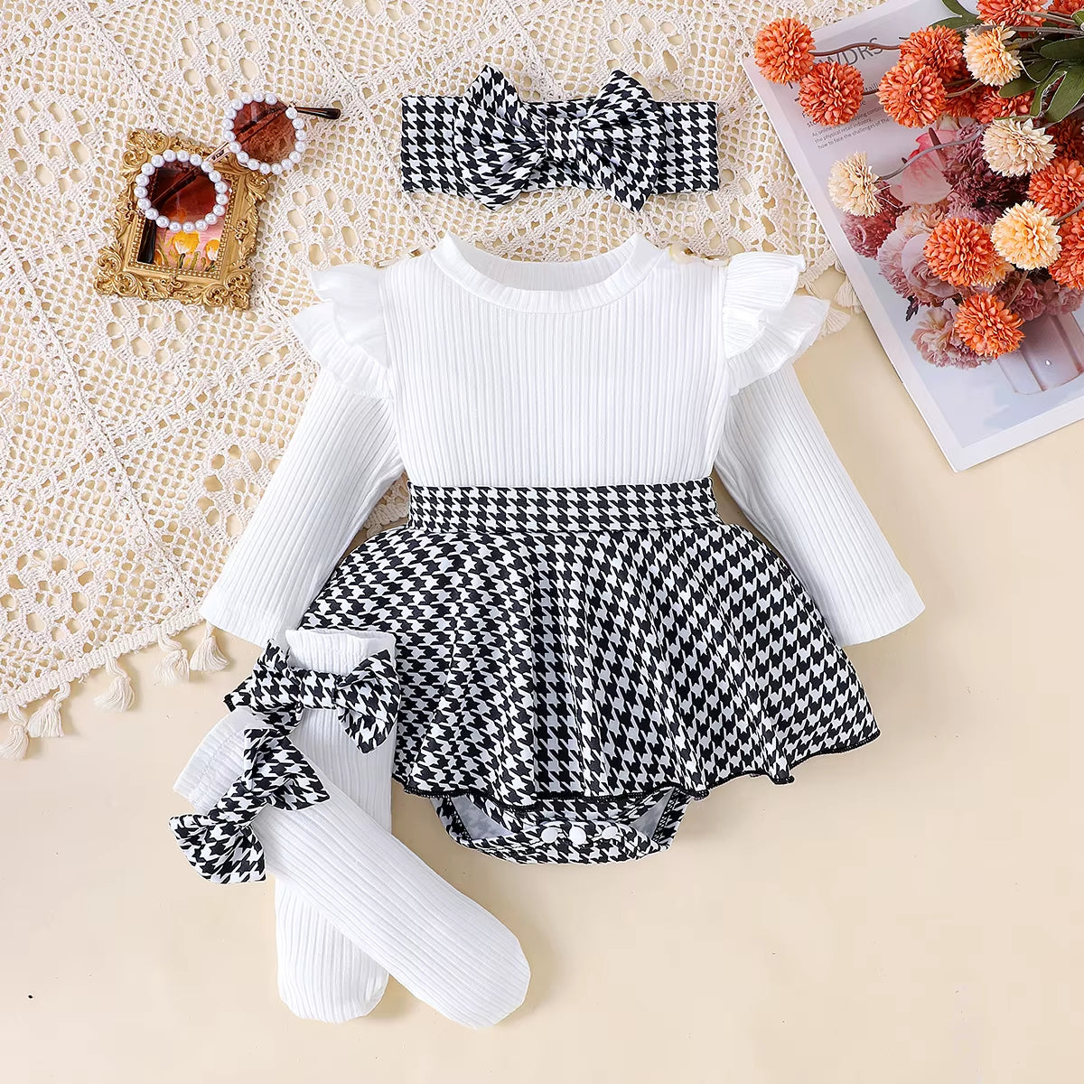 2PCS in Autumn, Baby Girls Aged 0-1 Years Old Have Comfortable Sweet and Cute Black Top + Houndstooth Skirt + Hair Band