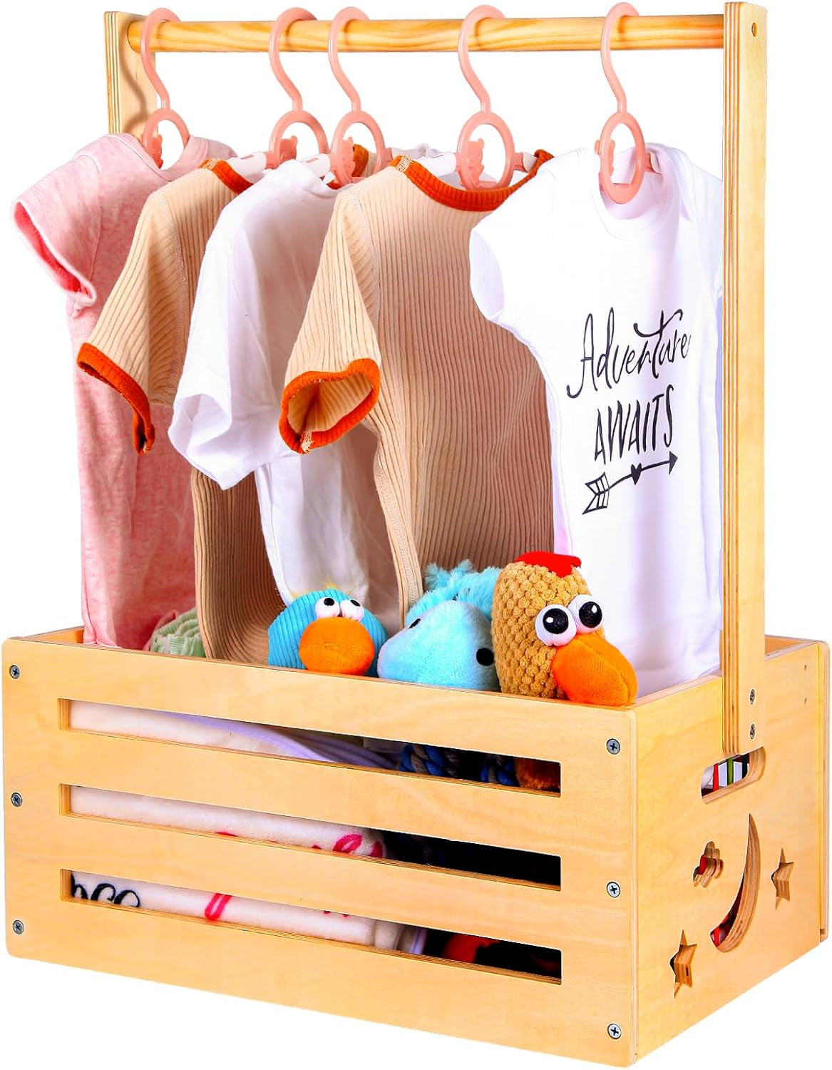 Wooden Baby Shower Crate Closet, Gifts Basket for Baby Shower Gifts, Baby Storage Crate Hamper with Handle, Welcome Gift Basket for Newborn Boys Girls, Pregnancy Gifts for New Parents (Retro-Large)