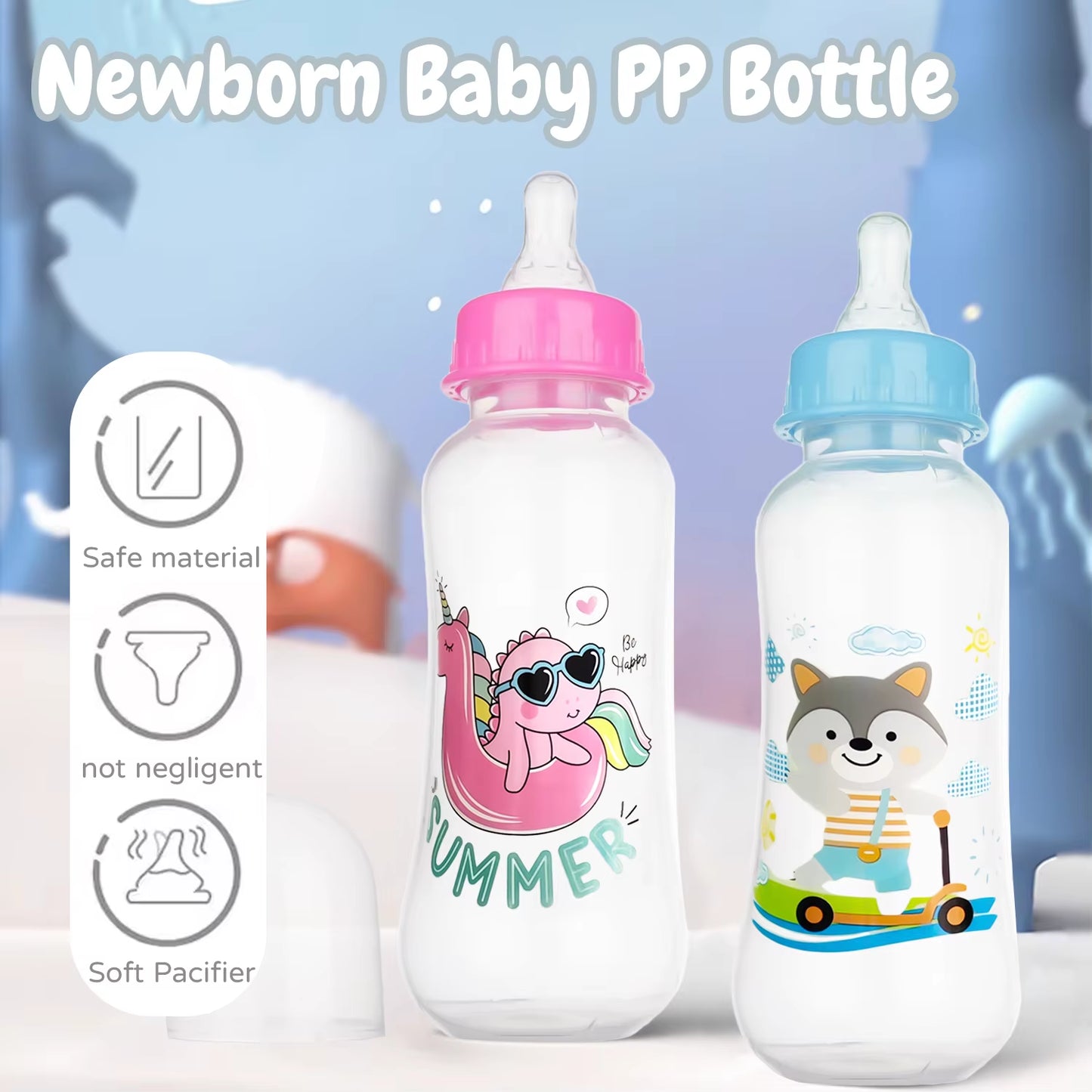 250Ml Newborn Baby Bottle, Drop-Proof and Leak-Proof Baby Cartoon PP Bottle, Safe, Durable Baby Feeding Bottle, Bpa-Free