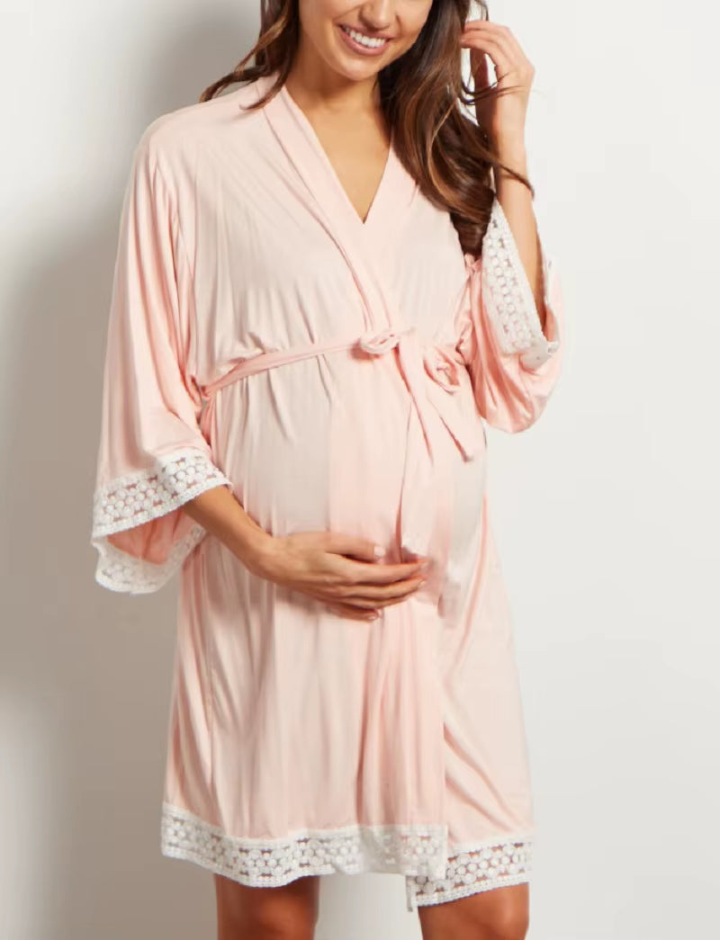 Waist Rope Pregnancy Pajamas Solid Soft Cotton Pajamas Women Three-Quarter Sleeve Sleepwear Nursing Pajamas for Pregnant Woman