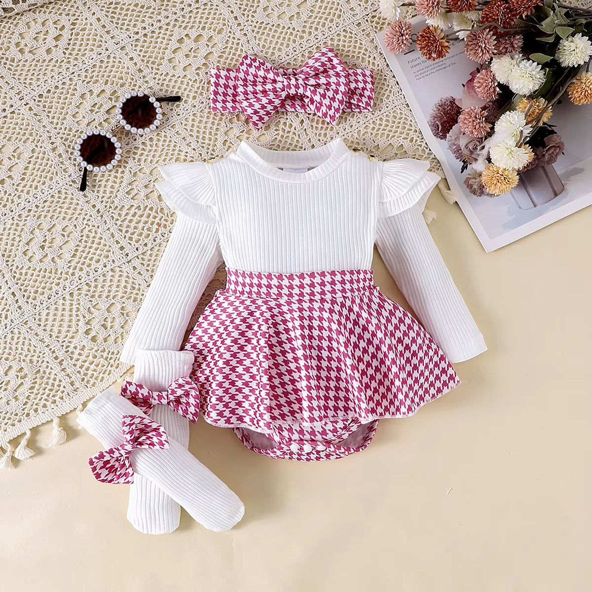 2PCS in Autumn, Baby Girls Aged 0-1 Years Old Have Comfortable Sweet and Cute Black Top + Houndstooth Skirt + Hair Band