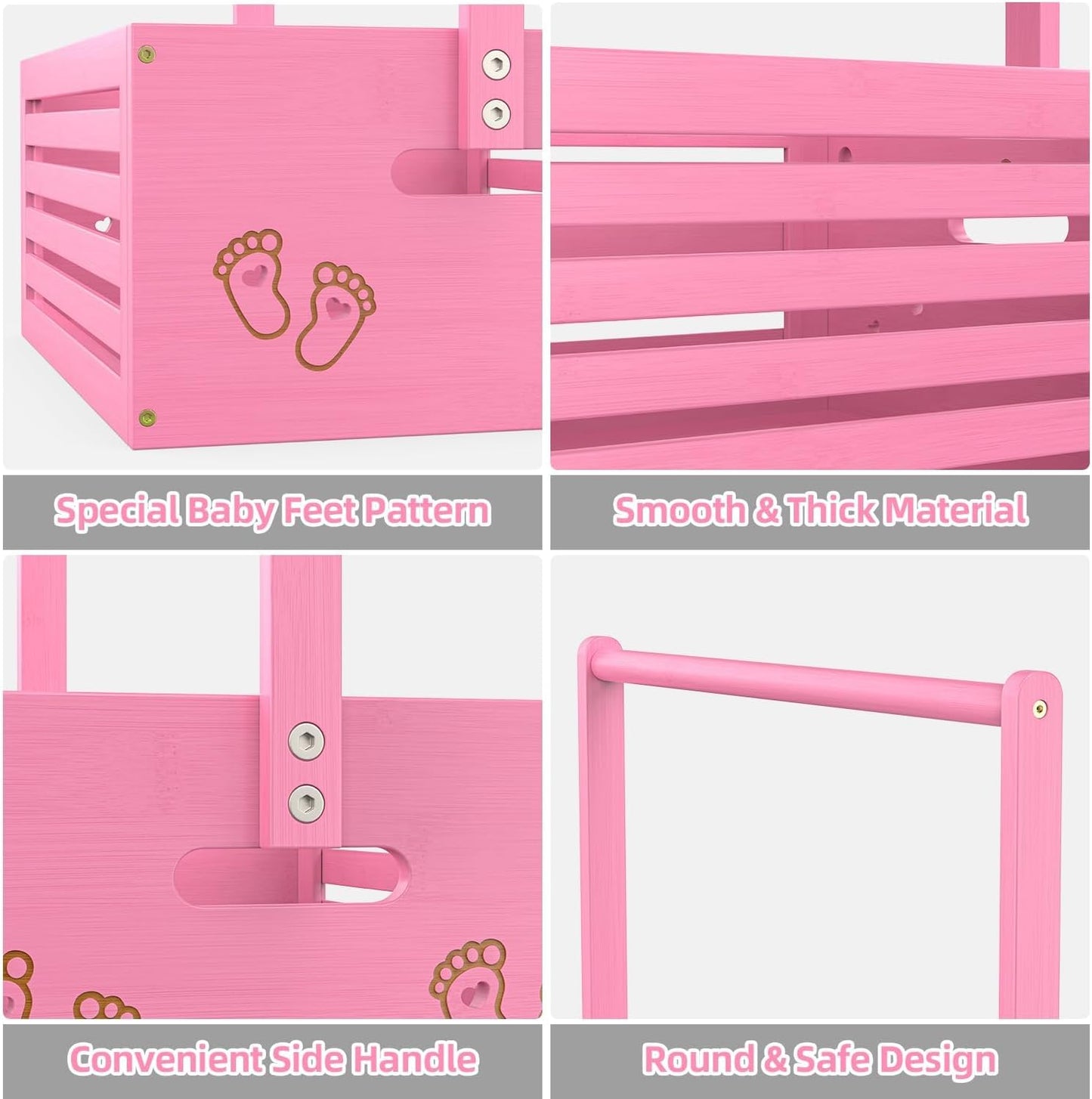 Baby Shower Crate Closet, Shower Party Basket with Handle Storage Crate Hamper, Bamboo Gift Crate Box, Welcome Gift Basket for Newborn Boys Girls, Pregnancy Gifts for New Parents (Pink)