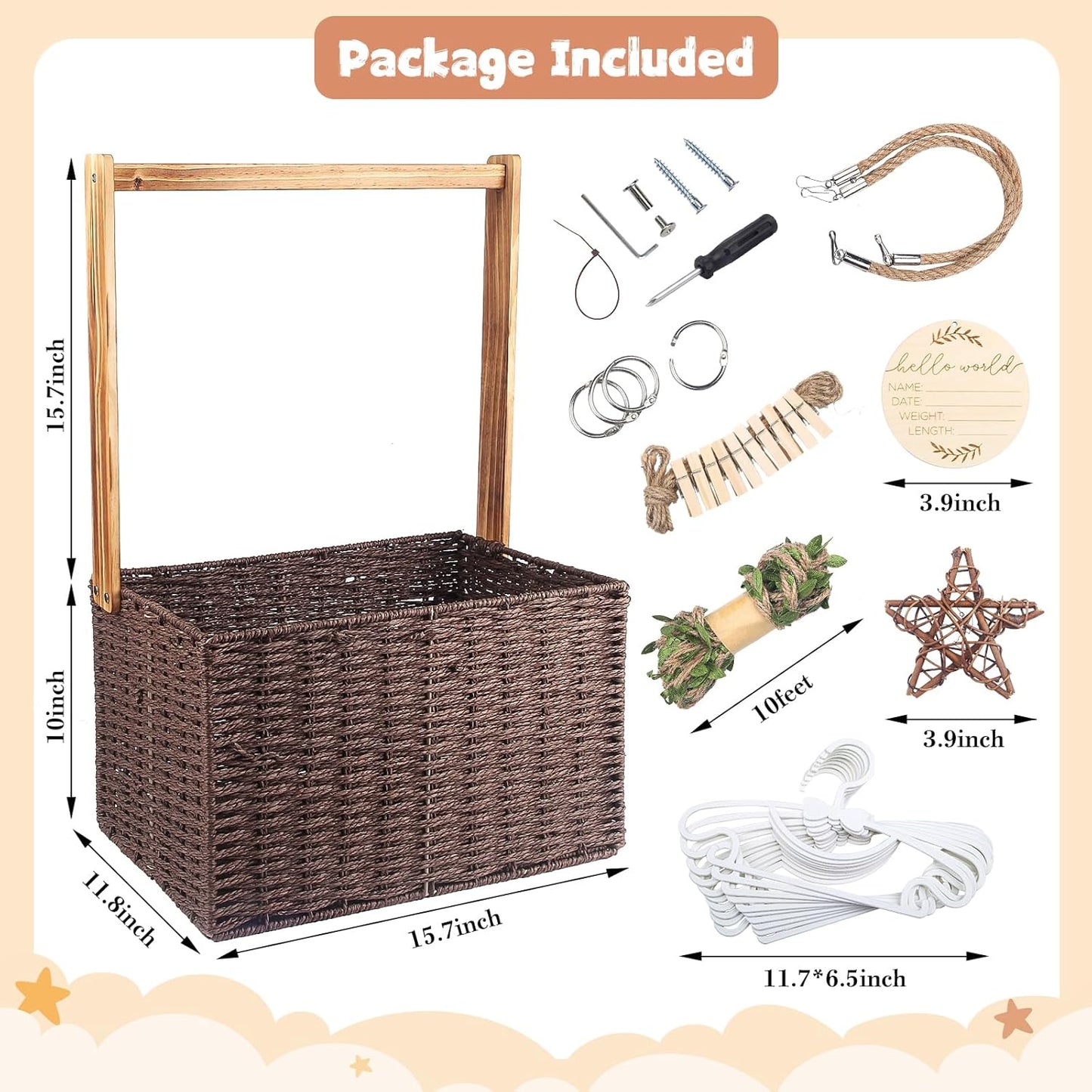 Wooden Baby Shower Crate Closet, Foldable Handwoven Storage Basket with Handle for Shower Gifts