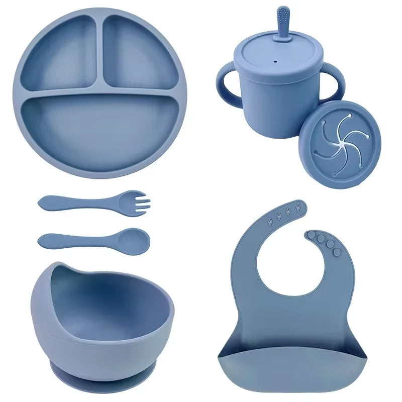 BPA Free Silicone Baby Feeding Set Sucker Bowl Dinning Plate Straw Cup Spoon Forks for Kids Baby Tableware Children Dishes