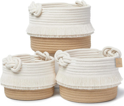 3-Piece Boho Decor Storage Basket Set – Cotton Rope Woven Baskets for Organizing! Small Basket for Baby Stuff, Baby Shower Basket Gift, Nursery Baby Basket, Planter, Toy Basket, Shelves