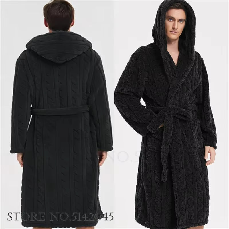 Warm Sleepwear Thicken Jacquard Flannel Men Robe Plush Coral Fleece Hooded Bathrobe Gown Winter Lounge Wear Home Wear Nightwear