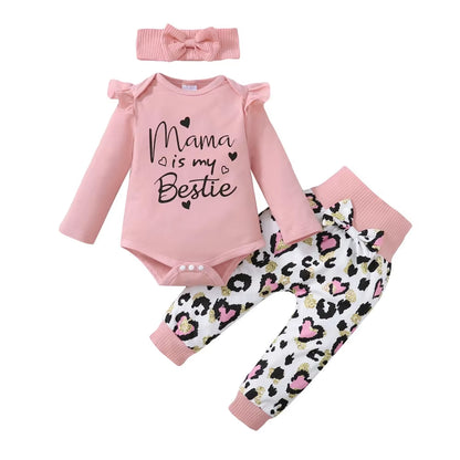 3PCS Newborn Baby Girl Daily Clothes Set Mama Print Long Sleeve Romper Top+Love Heart Print Pant+Headband Lovely Autumn Outfit