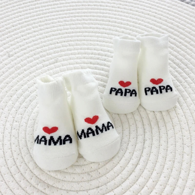 2Pairs Newborn Baby Girls Boys Socks White Cute Love MAMA PAPA Cotton Socks