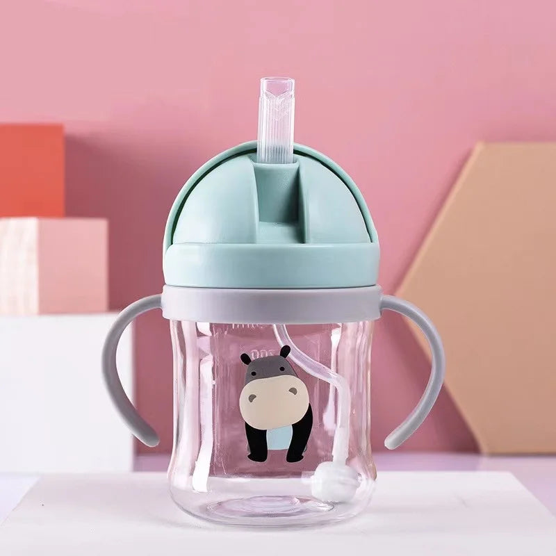 250ml Cute Cartoon Bottle Baby Mug Children's Bottle Animal Pattern Training Cup Boys & Girls Straw Mug Inverted Non-Leak