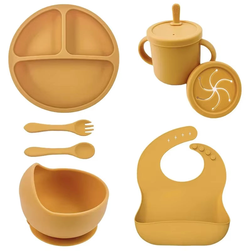 BPA Free Silicone Baby Feeding Set Sucker Bowl Dinning Plate Straw Cup Spoon Forks for Kids Baby Tableware Children Dishes