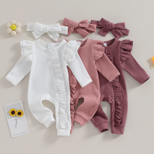 Infant Baby Girl Autumn Jumpsuit Solid Color round Neck Flying Sleeve Ruffled Zipper Romper with Bow Headband 0-12M