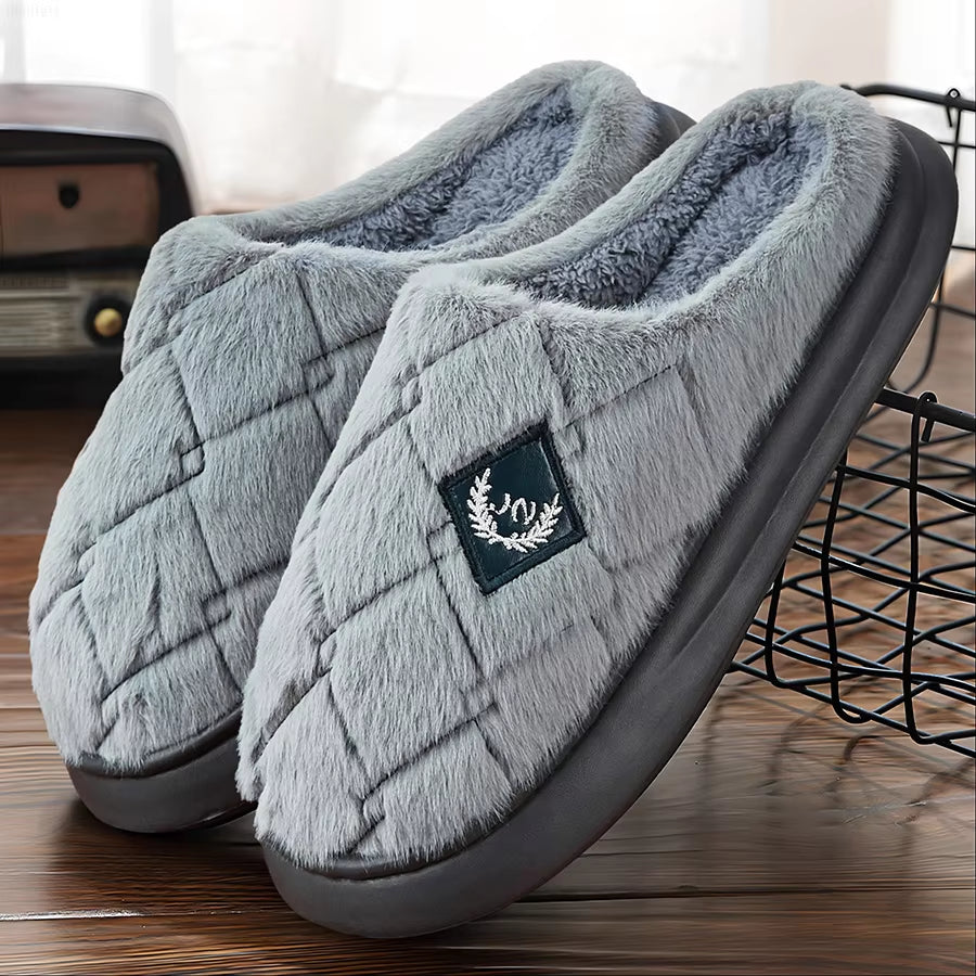 Men'S House Slippers Furry Plaid Cozy EVA Memory Foam Lightweight Casual Shoes Winter Warm Plush Non-Slip Slippers Big Size