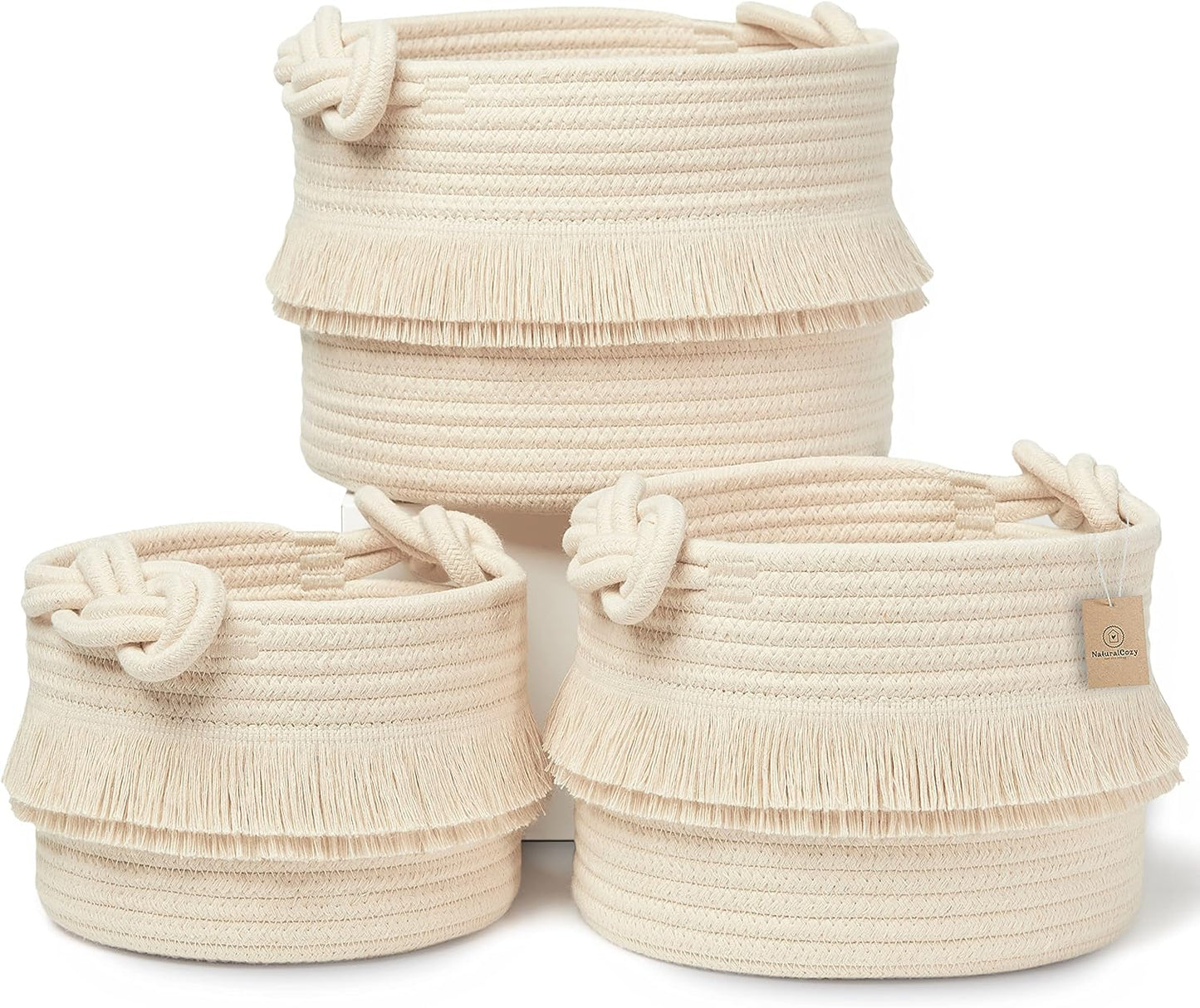 3-Piece Boho Decor Storage Basket Set – Cotton Rope Woven Baskets for Organizing! Small Basket for Baby Stuff, Baby Shower Basket Gift, Nursery Baby Basket, Planter, Toy Basket, Shelves