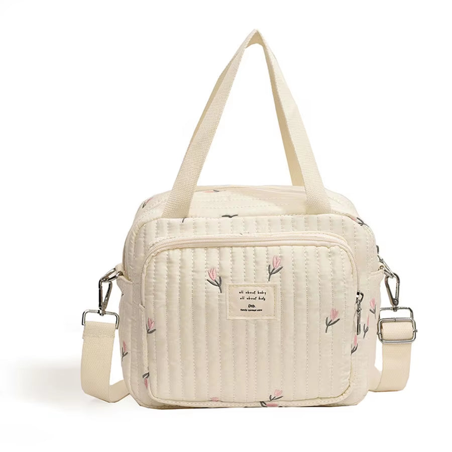 Cute Bear Flower Embroidery Pattern Baby Beige Cotton Fabric Zipper Diaper Handbag New Luggage Bag