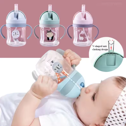 250ml Cute Cartoon Bottle Baby Mug Children's Bottle Animal Pattern Training Cup Boys & Girls Straw Mug Inverted Non-Leak