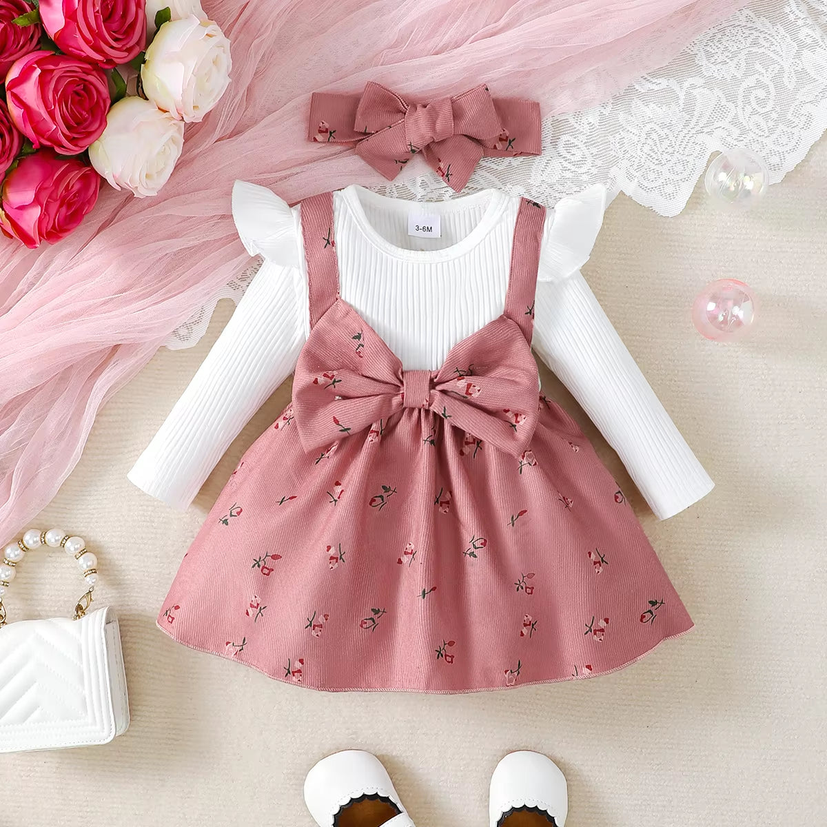 2Pc/Set Childrens' Baby Girl Dress Color Blocking Broken Flowers Big Bow Princess Dress+Headband 0-24 Months Baby Fashion Dress