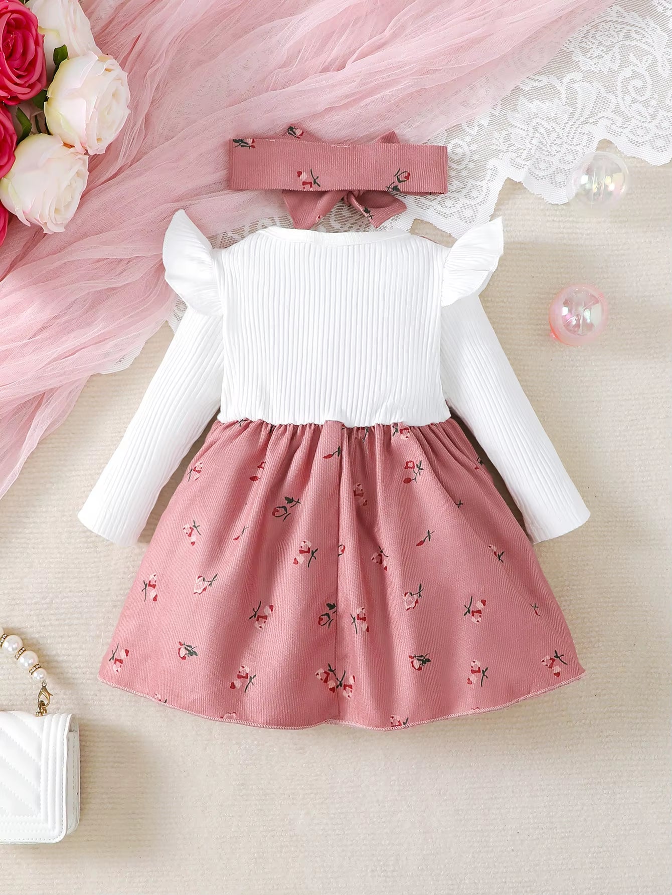 2Pc/Set Childrens' Baby Girl Dress Color Blocking Broken Flowers Big Bow Princess Dress+Headband 0-24 Months Baby Fashion Dress